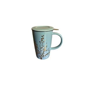 David’s Tea Blue, White, and Gold Mug with Strainer and Lid